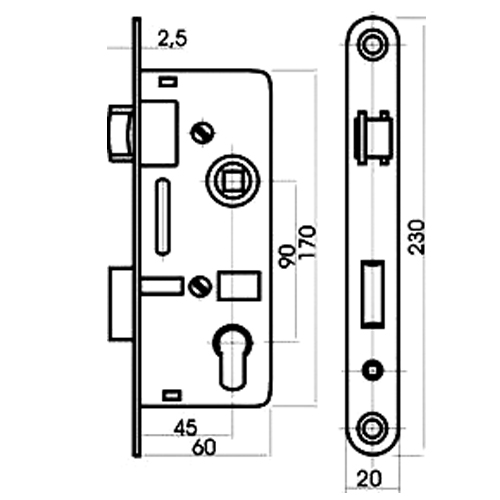 Zámek dveří zadlabací V60/90 P-L ZN